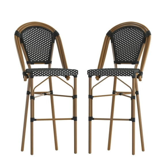 Flash Furniture Bordeaux Set of 2 Stackable Indoor/Outdoor Bistro 30" High Barstools, Commercial Grade, Black/White and Bamboo Finish