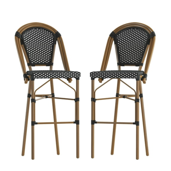 Flash Furniture Bordeaux Set of 2 Stackable Indoor/Outdoor Bistro 30" High Barstools, Commercial Grade, Black/White and Bamboo Finish