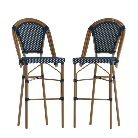 Flash Furniture Bordeaux Set of 2 Stackable Indoor/Outdoor Bistro 30" High Barstools, Commercial Grade, Navy/White and Bamboo Finish