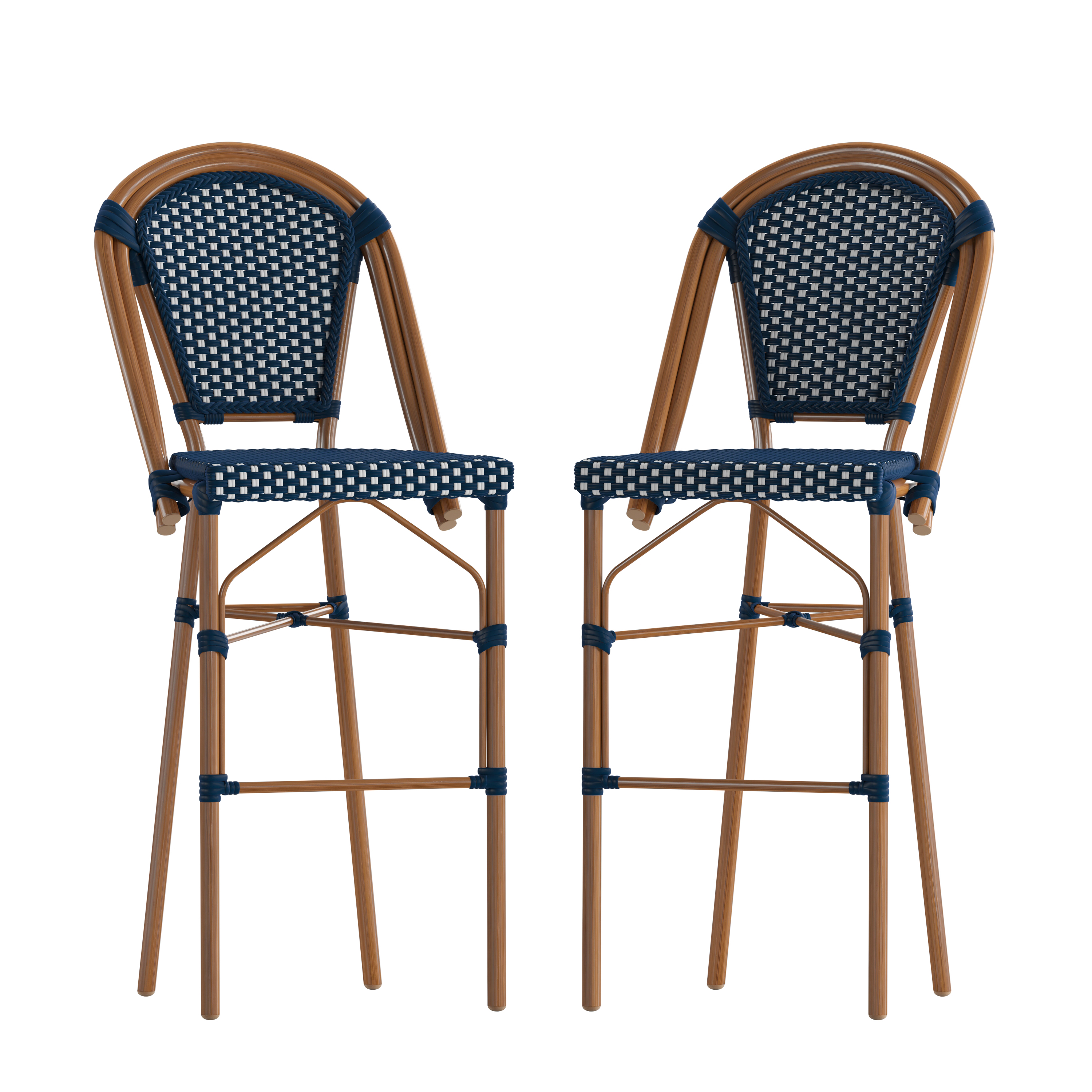 Flash Furniture Bordeaux Set of 2 Stackable Indoor/Outdoor French Bistro 30" High Barstools, Commercial Grade, Navy/White and Bamboo Finish