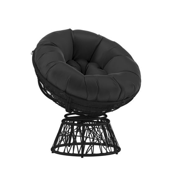 Flash Furniture Bowie Comfort Series Woven Wicker Swivel Papasan Patio Chair with Cushion, Black