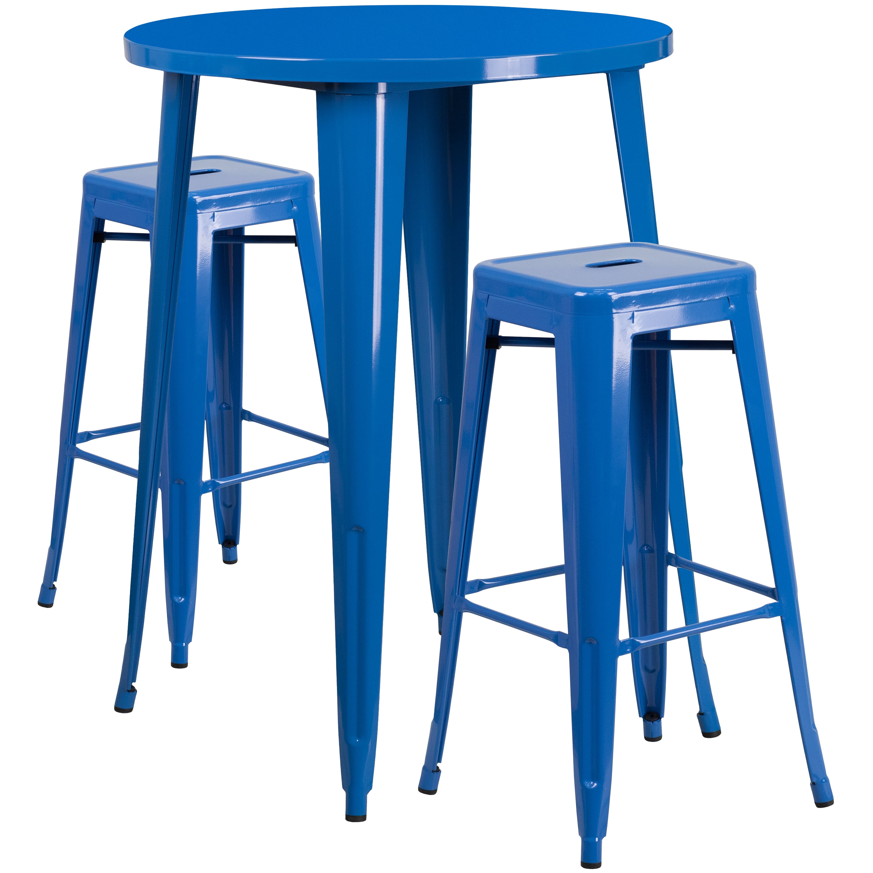 Blue Metal Round Bar Table Set with 2 Backless Stools