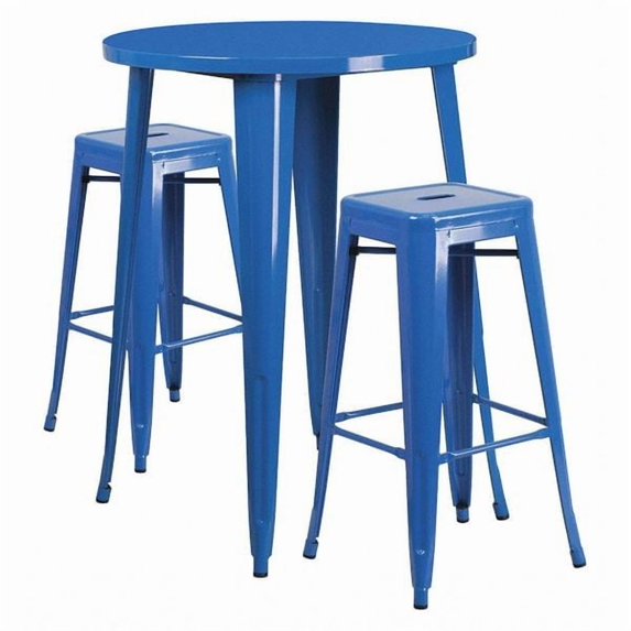 Flash Furniture Boyd Commercial Grade 30" Round Blue Metal Indoor-Outdoor Bar Table Set with 2 Square Seat Backless Stools