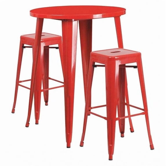 Flash Furniture Boyd Commercial Grade 30" Round Red Metal Indoor-Outdoor Bar Table Set with 2 Square Seat Backless Stools