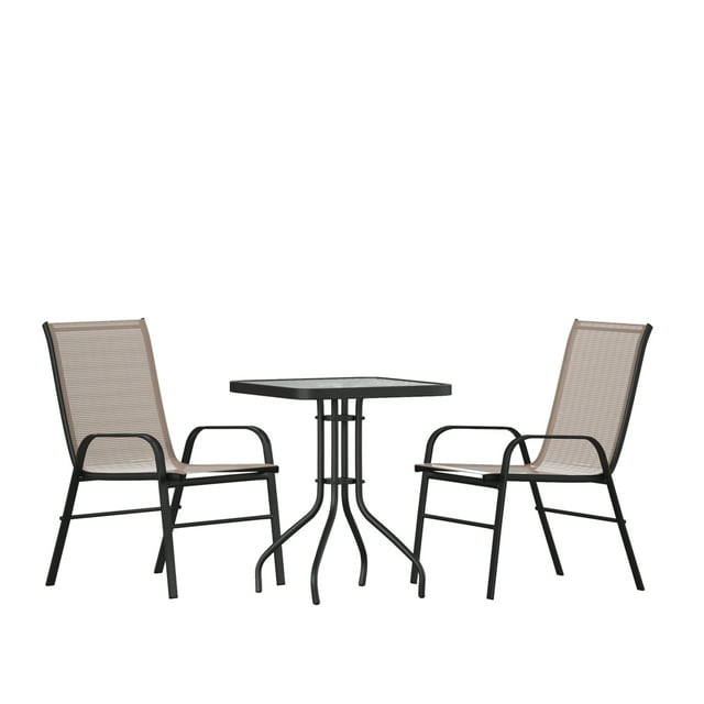 Flash Furniture Brazos Series 3-Piece Steel Glass Patio Table and Chair Set, Brown