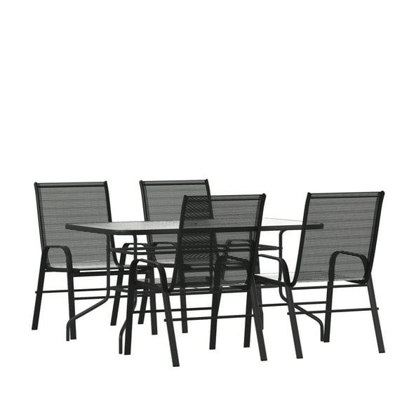 Flash Furniture Brazos Series 5-Piece Outdoor Rippled Glass Patio Table Set with 4 Chairs, Black