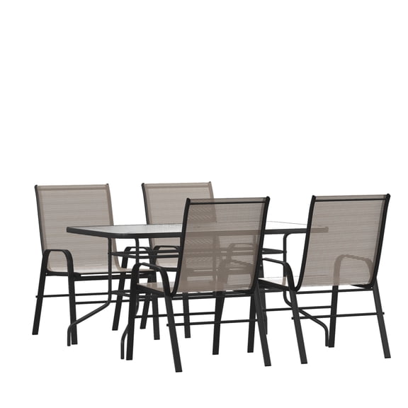 Flash Furniture Brazos Series 5-Piece Outdoor Rippled Glass Patio Table Set with 4 Chairs, Brown