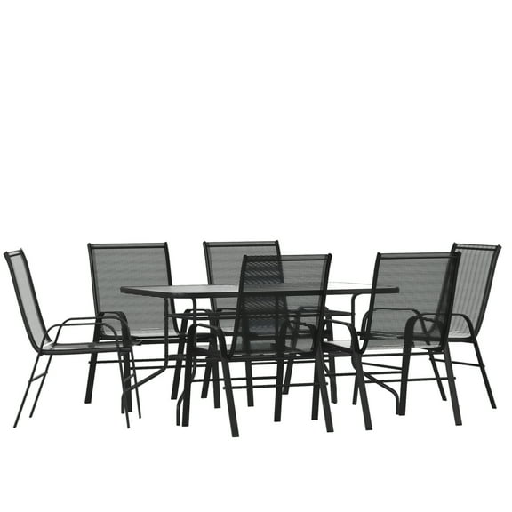 Flash Furniture Brazos Series 7-Piece Steel Glass Patio Table and Chair Set, Black