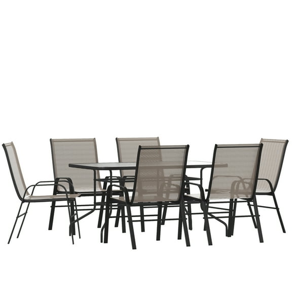 Flash Furniture Brazos Series 7-Piece Outdoor Rippled Glass Patio Table Set with 6 Chairs, Brown
