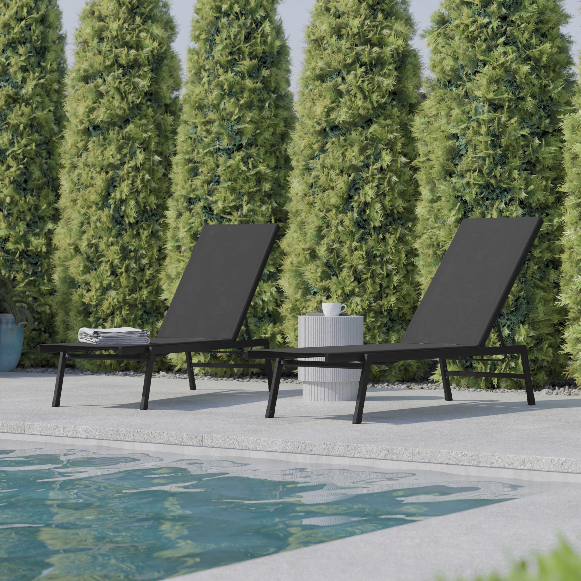 Flash Furniture Brazos Set of 2 Adjustable Chaise Lounge Chairs, Outdoor Five-Position Recliners, All Weather, Black/Black