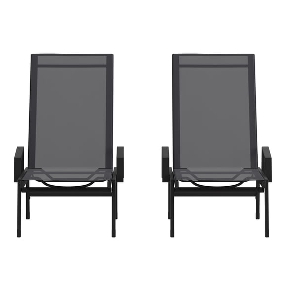 Flash Furniture Brazos Set of 2 Adjustable Chaise Lounge Chairs with Arms, All-Weather Outdoor Five-Position Recliners, Black/Black