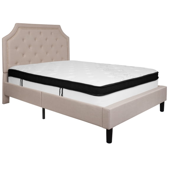 Flash Furniture Brighton Full Size Tufted Upholstered Platform Bed in Beige Fabric with Memory Foam Mattress