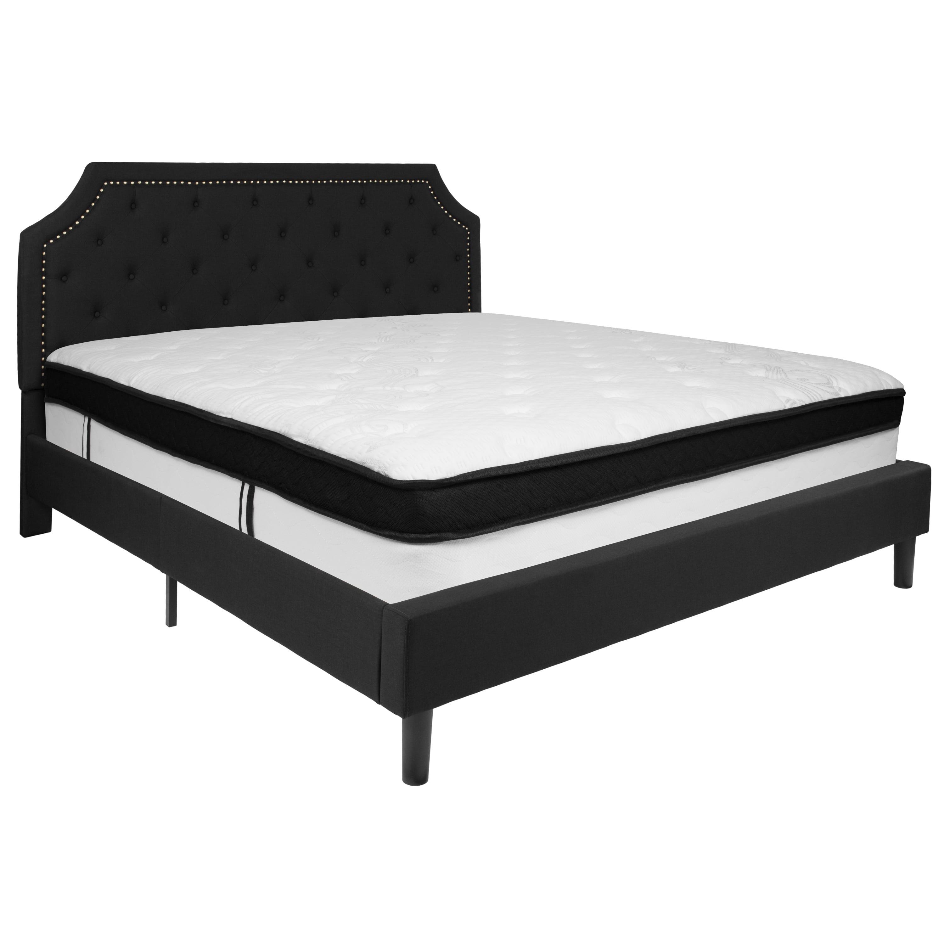 King Black Tufted Upholstered Platform Bed with Nailhead Trim