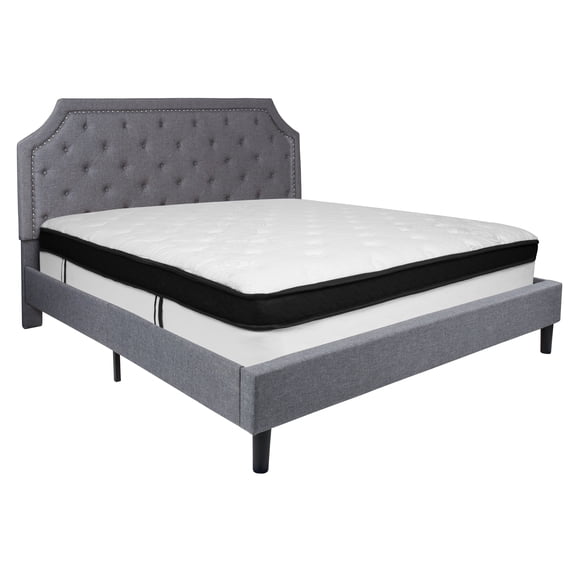Flash Furniture Brighton King Size Tufted Upholstered Platform Bed in Light Gray Fabric with Memory Foam Mattress