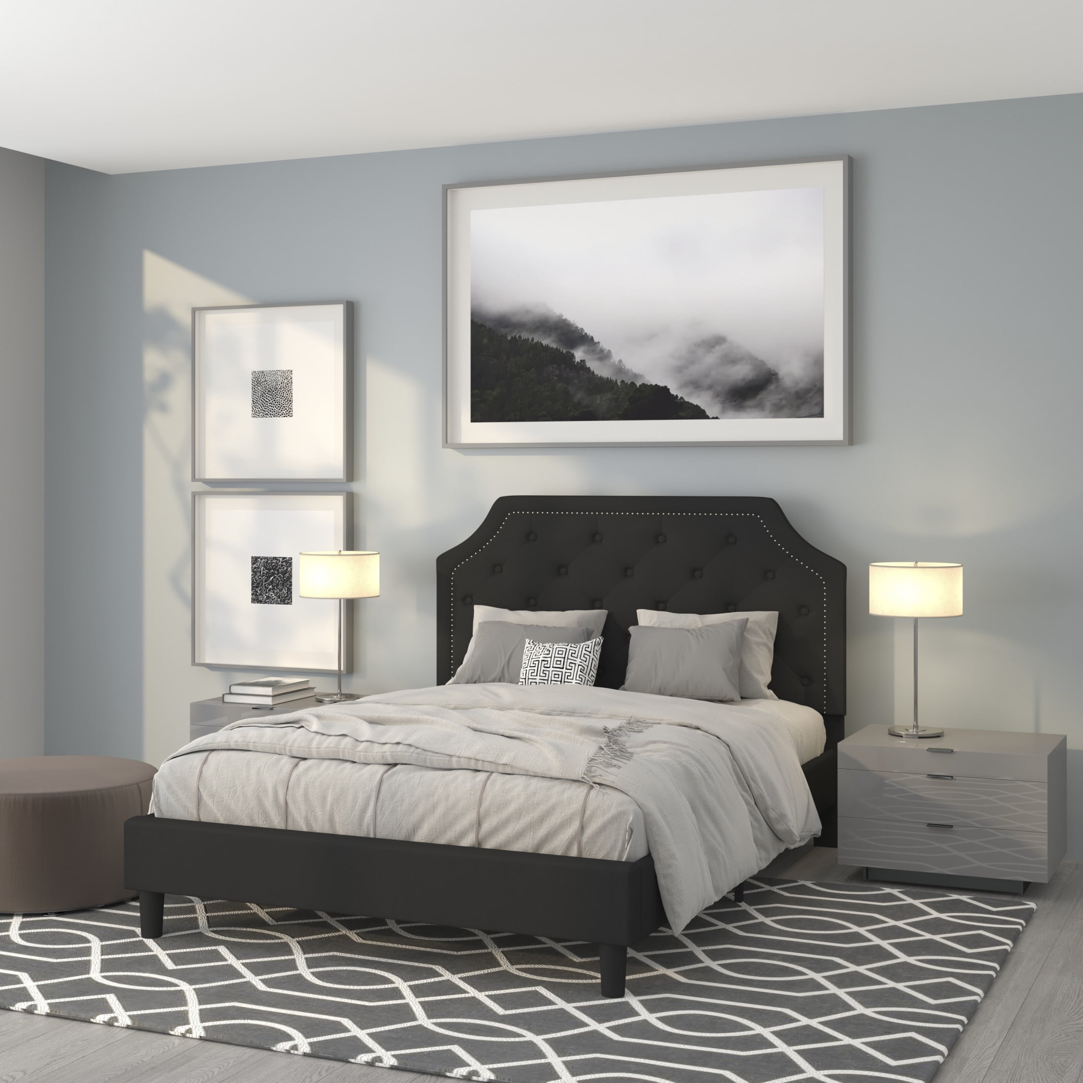 Elegant Queen-Sized Black Fabric Upholstered Bed with Nailhead Trim