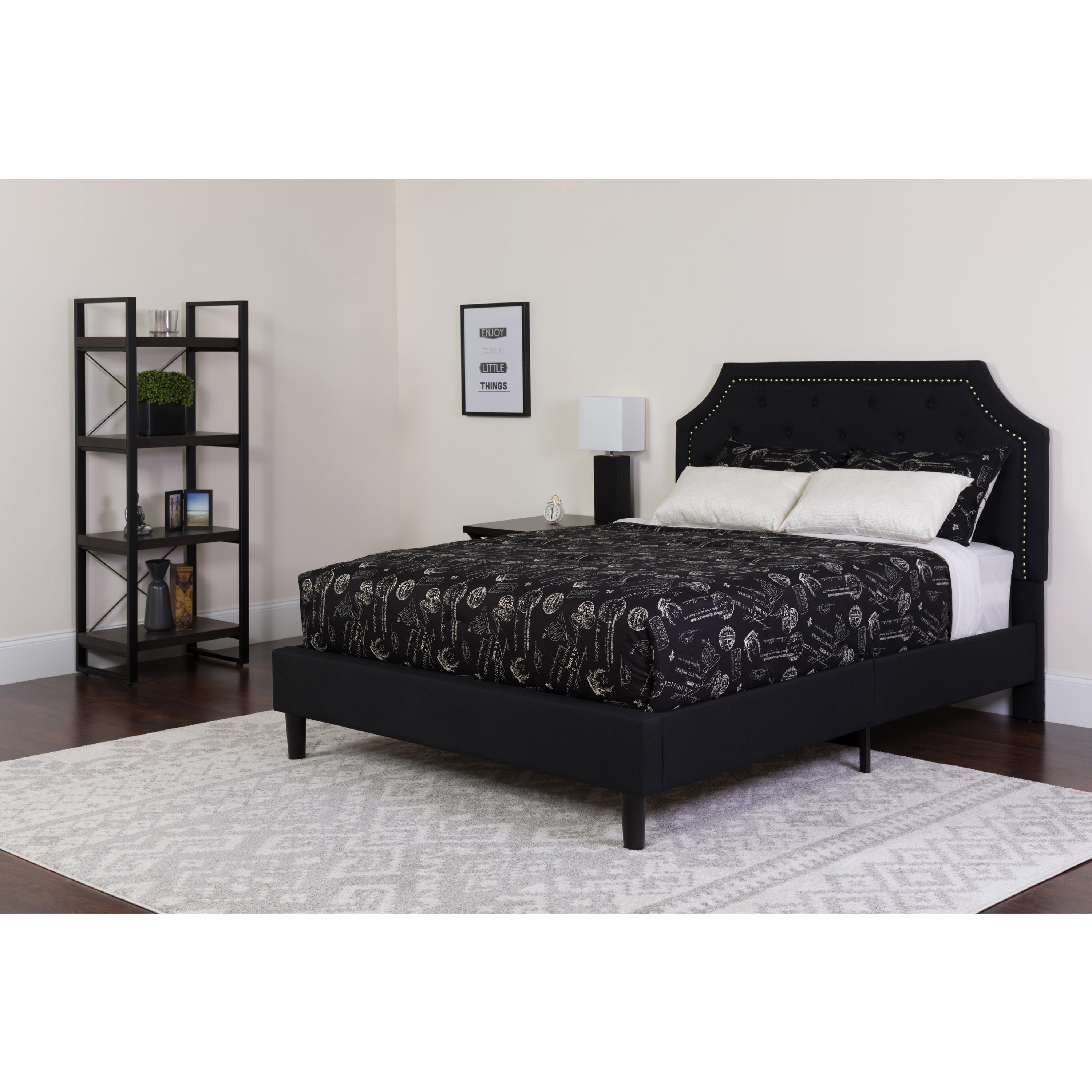 Elegant Queen-Sized Black Fabric Upholstered Bed with Nailhead Trim