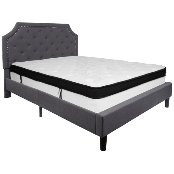 Flash Furniture Brighton Queen Size Tufted Upholstered Platform Bed in Dark Gray Fabric with Memory Foam Mattress