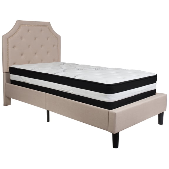 Flash Furniture Brighton Twin Size Tufted Upholstered Platform Bed in Beige Fabric with Pocket Spring Mattress