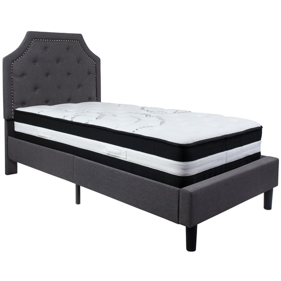 Flash Furniture Brighton Twin Size Tufted Upholstered Platform Bed in Dark Gray Fabric with Pocket Spring Mattress