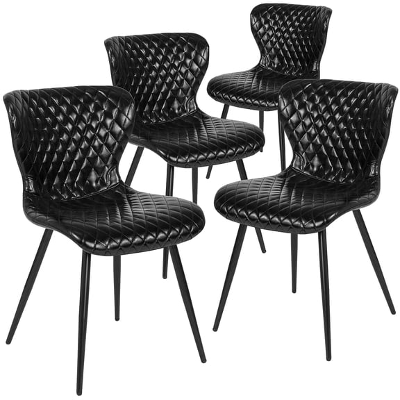 Flash Furniture Bristol Metal Accent Chair with Black Diamond Patterned Vinyl Upholstery, Black, (Set of 4)
