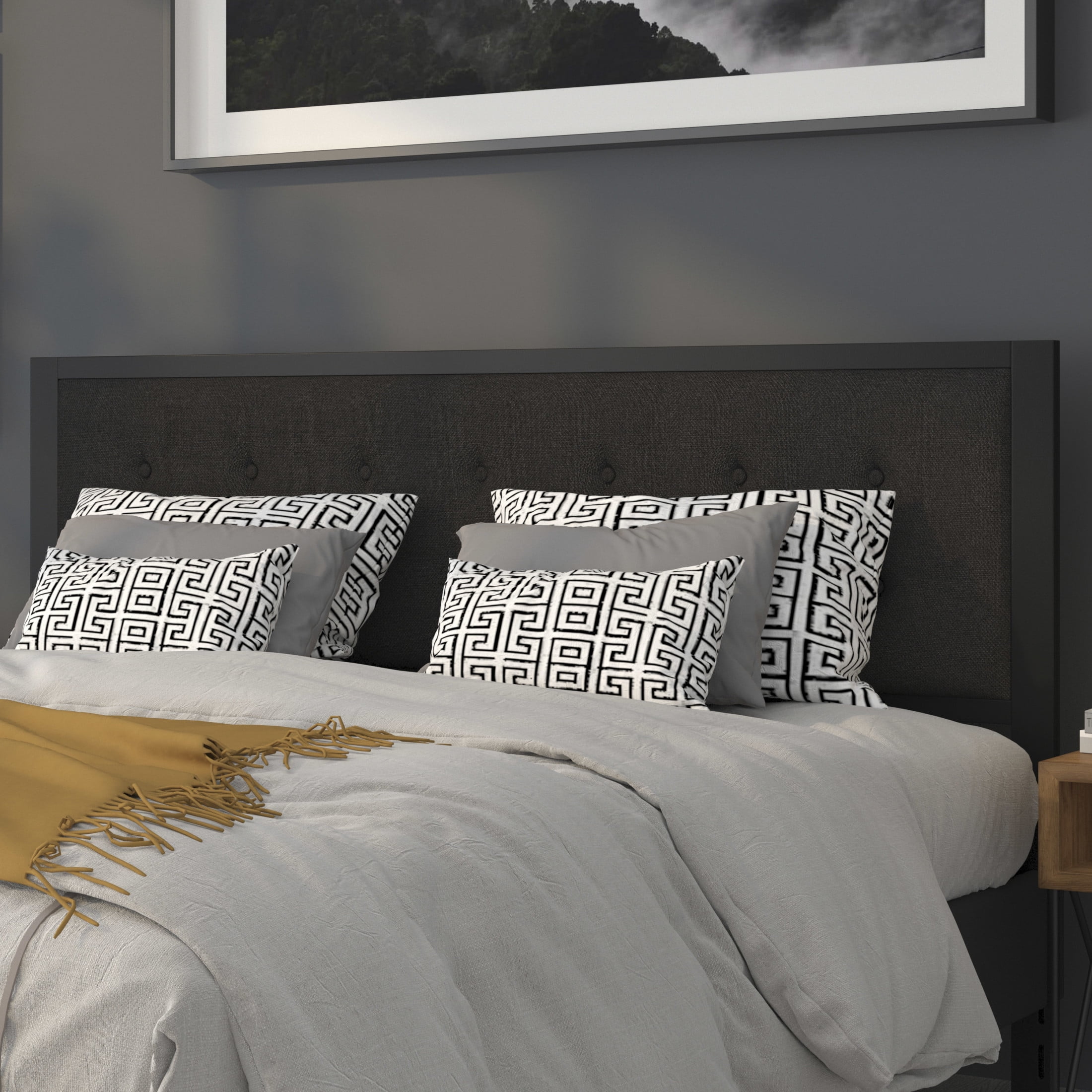 Sleek Black Upholstered King Headboard with Metal Tufting