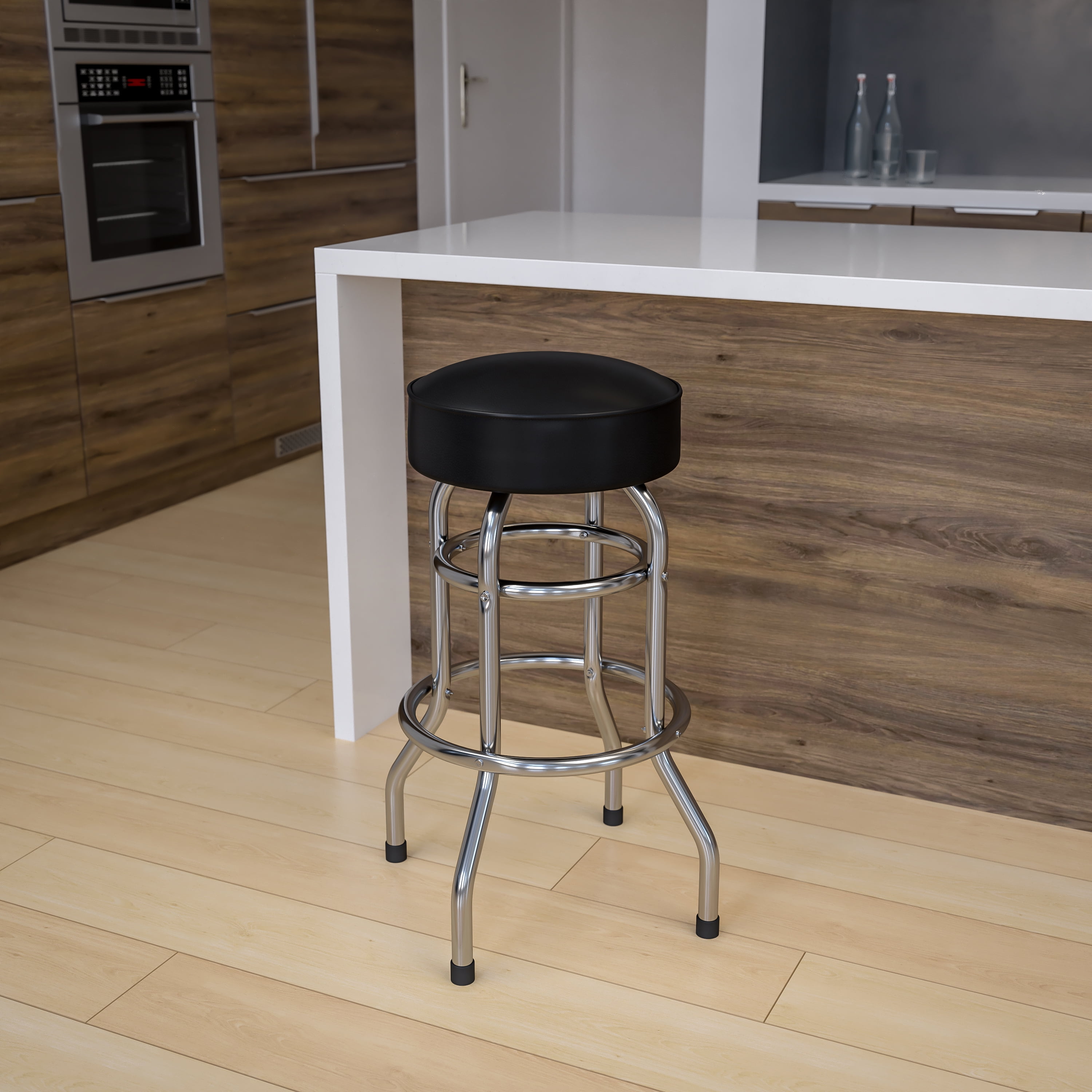Black Vinyl Swivel Backless Barstool with Chrome Legs, 30.25" Height