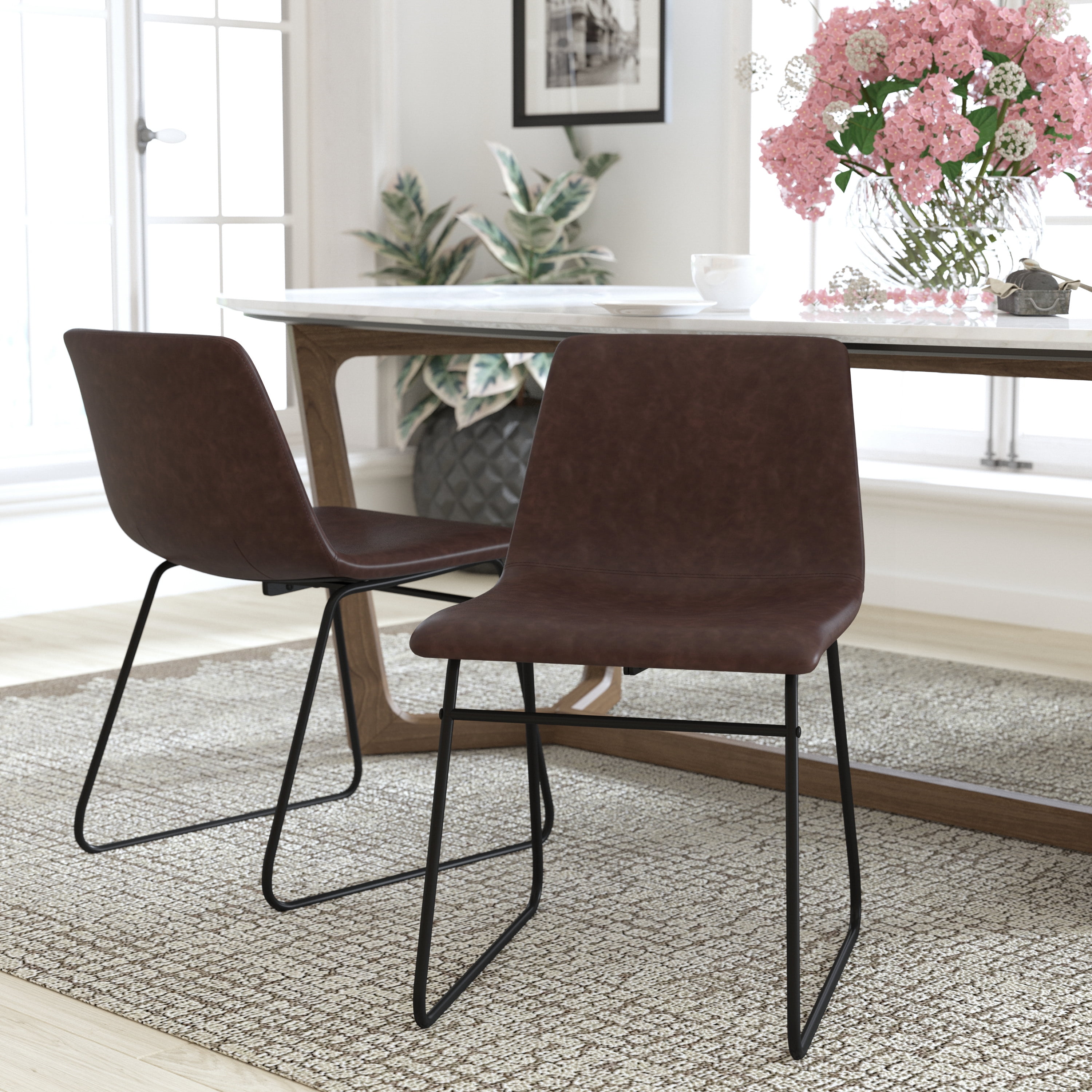 Dark Brown Faux Leather High Back Metal Side Chair Set