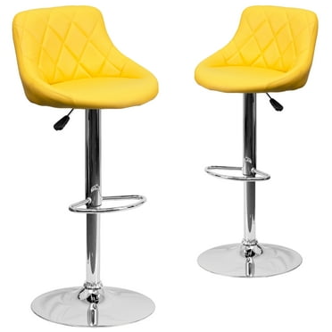 Flash Furniture Caldwell 2 Pk. Contemporary Yellow Vinyl Bucket Seat Adjustable Height Barstool with Diamond Pattern Back and Chrome Base
