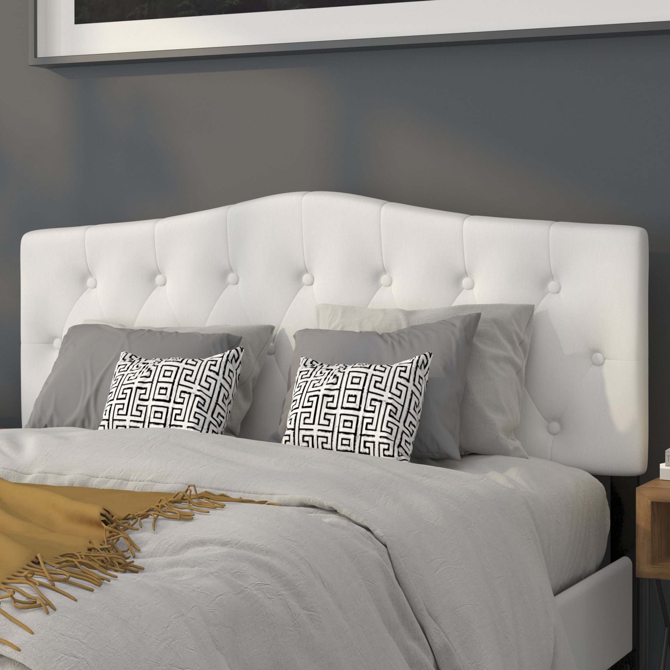 Queen White Upholstered Tufted Panel Headboard with Metal Stands