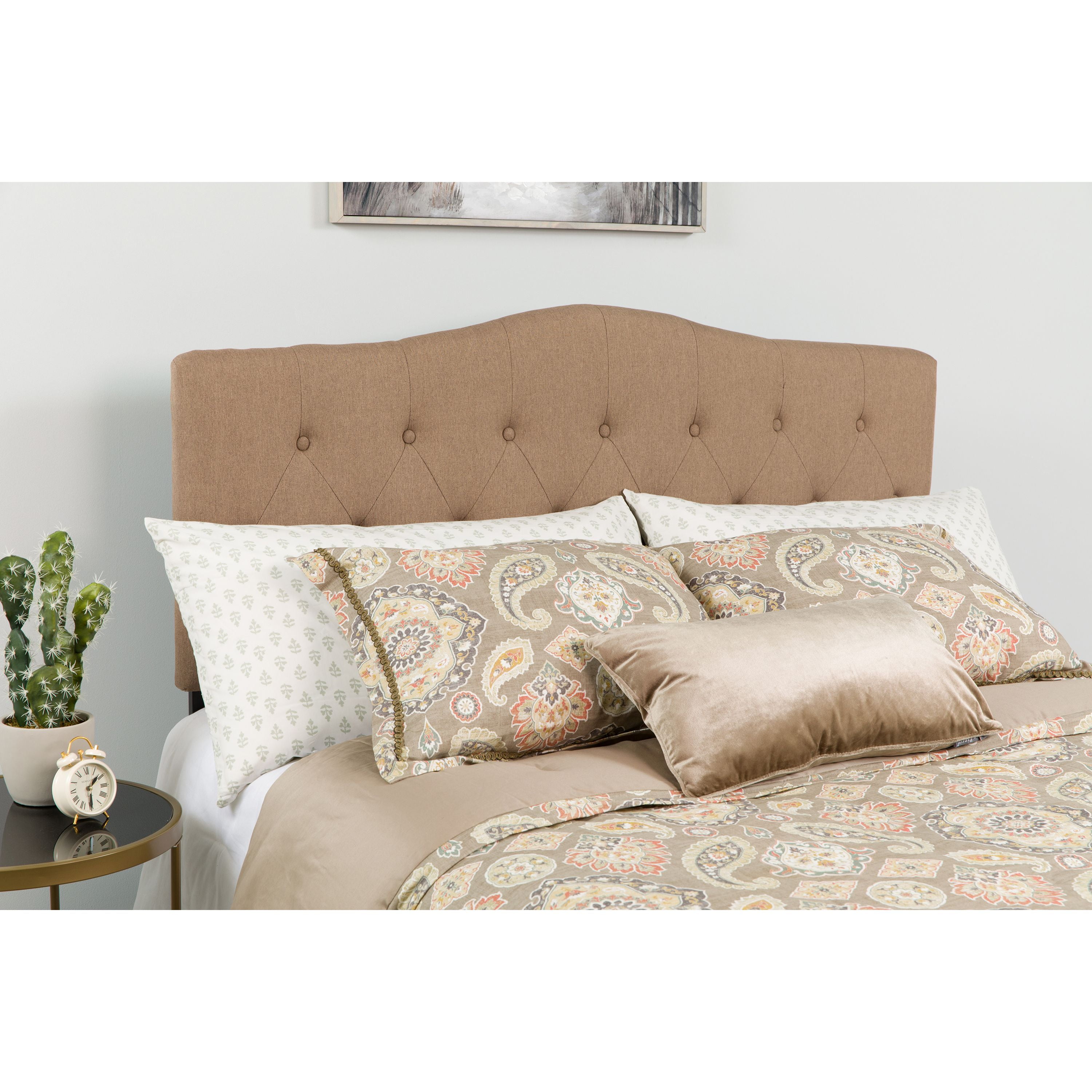 Camel Tufted Upholstered Queen Size Headboard with Diamond Stitch