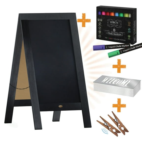 Flash Furniture Canterbury 40" x 20" Black Wooden Indoor/Outdoor A-Frame Magnetic Chalkboard Sign Set with 8 Chalk Markers, 10 Stencils, and 2 Magnets, and Eraser