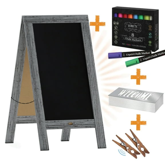 Flash Furniture Canterbury 40" x 20" Graywashed Wooden Indoor/Outdoor A-Frame Magnetic Chalkboard Sign Set with 8 Chalk Markers, 10 Stencils, 2 Magnets, and Eraser