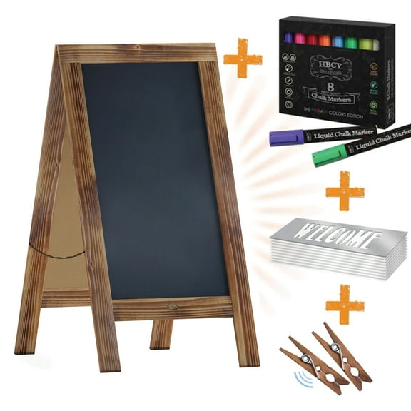 Flash Furniture Canterbury 40" x 20" Rustic Brown Wooden Indoor/Outdoor A-Frame Magnetic Chalkboard Sign Set with 8 Chalk Markers, 10 Stencils, 2 Magnets, and Eraser