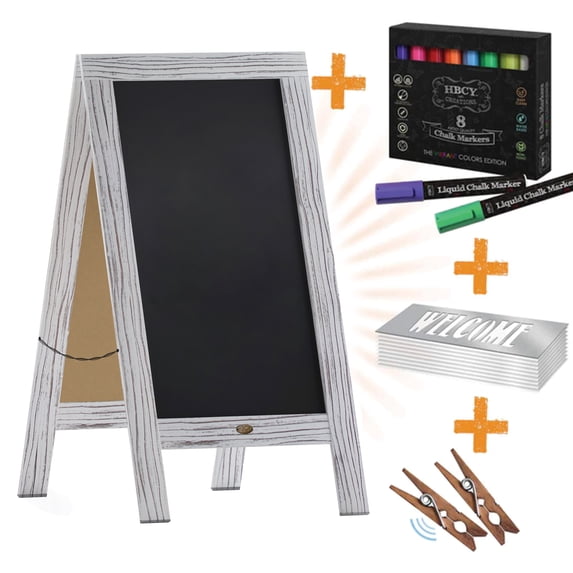 Flash Furniture Canterbury 40" x 20" Whitewashed Wooden Indoor/Outdoor A-Frame Magnetic Chalkboard Sign Set - 8 Chalk Markers, 10 Stencils, 2 Magnets, and Eraser