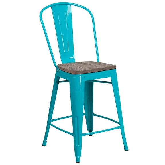 Flash Furniture Carly 24" High Crystal Teal-Blue Metal Counter Height Stool with Back and Wood Seat