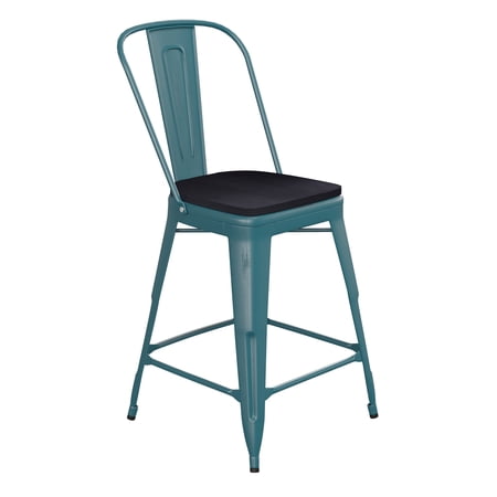 Flash Furniture Carly Commercial Grade 24" High Kelly Blue-Teal Metal Indoor-Outdoor Counter Height Stool with Back with Black Poly Resin Wood Seat