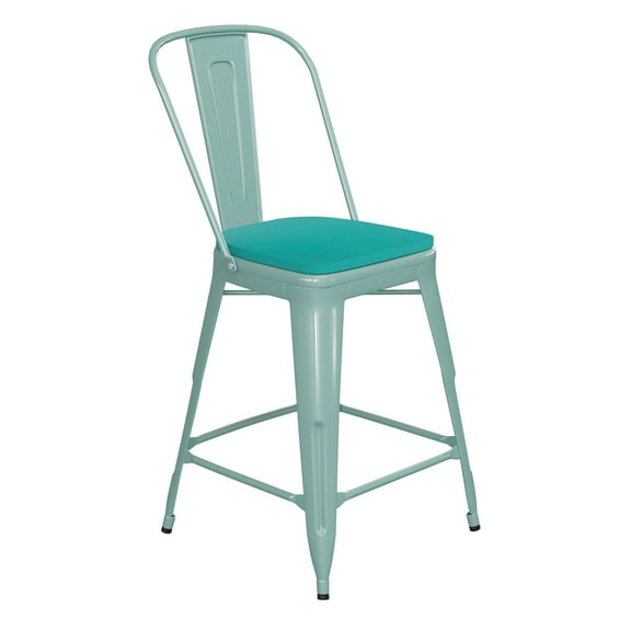 Flash Furniture Carly Commercial Grade 24" High Mint Green Metal Indoor-Outdoor Counter Height Stool with Back with Mint Green Poly Resin Wood Seat