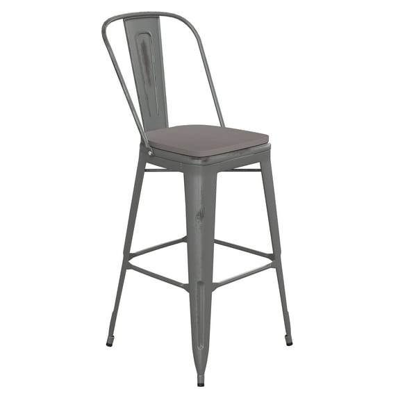 Flash Furniture Carly Commercial Grade 30" High Silver Gray Metal Indoor-Outdoor Barstool with Back with Gray Poly Resin Wood Seat