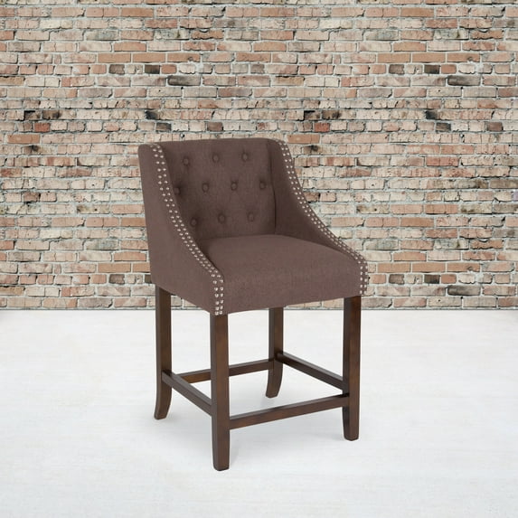 Flash Furniture Carmel Series 24" High Transitional Tufted Walnut Counter Height Stool with Accent Nail Trim in Brown Fabric