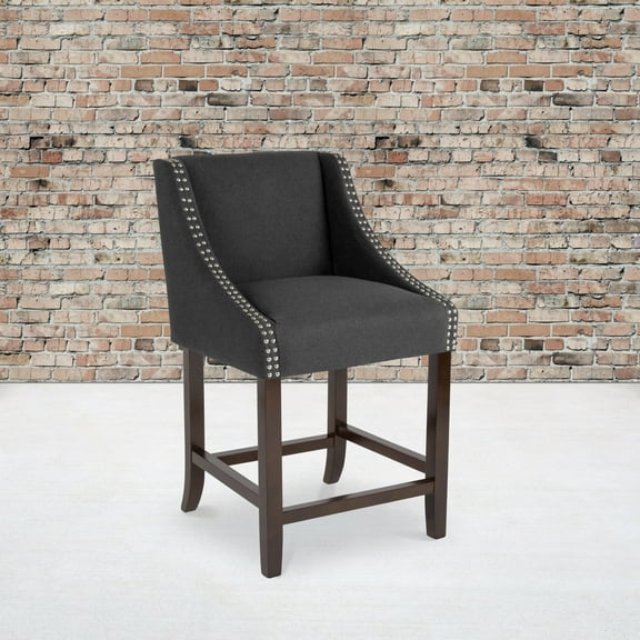 Flash Furniture Carmel Series 24" High Transitional Walnut Counter Height Stool with Accent Nail Trim in Charcoal Fabric
