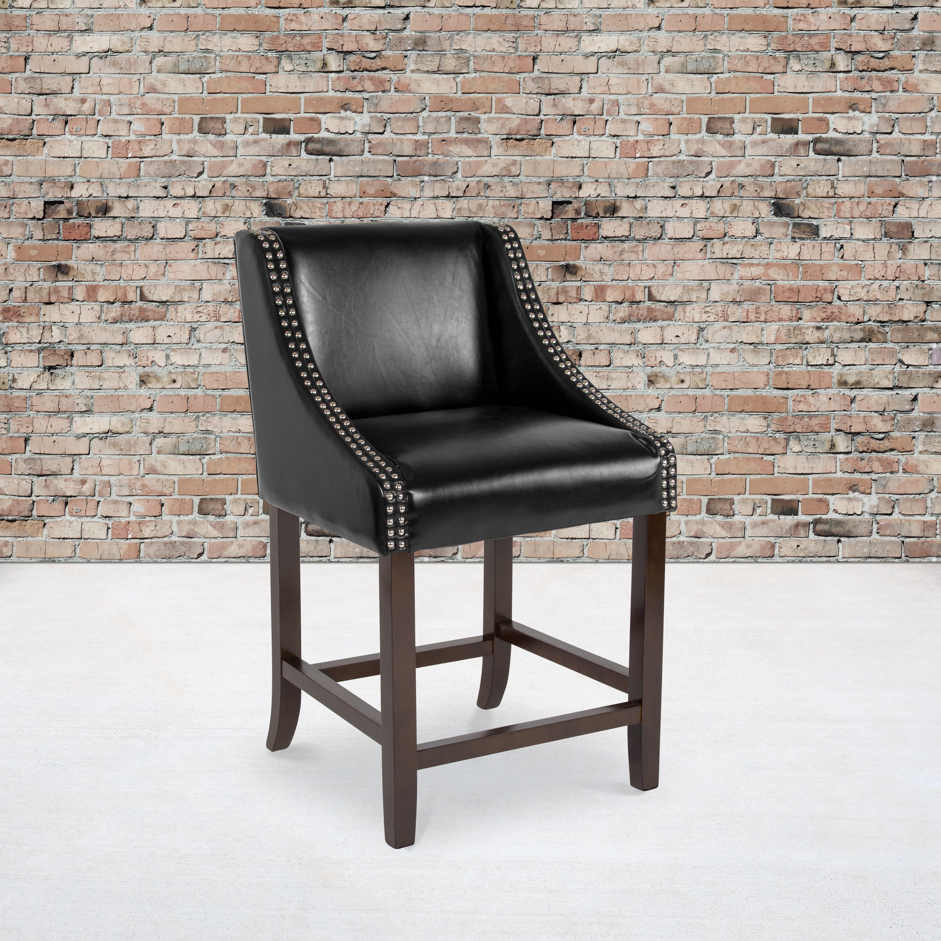Black Leather 24" Wood Counter Height Stool with Nail Trim