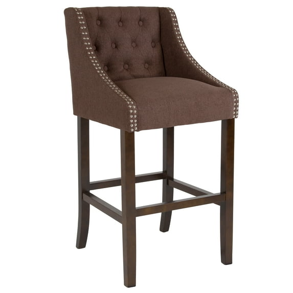 Flash Furniture Carmel Series 30" High Transitional Tufted Walnut Barstool with Accent Nail Trim in Brown Fabric
