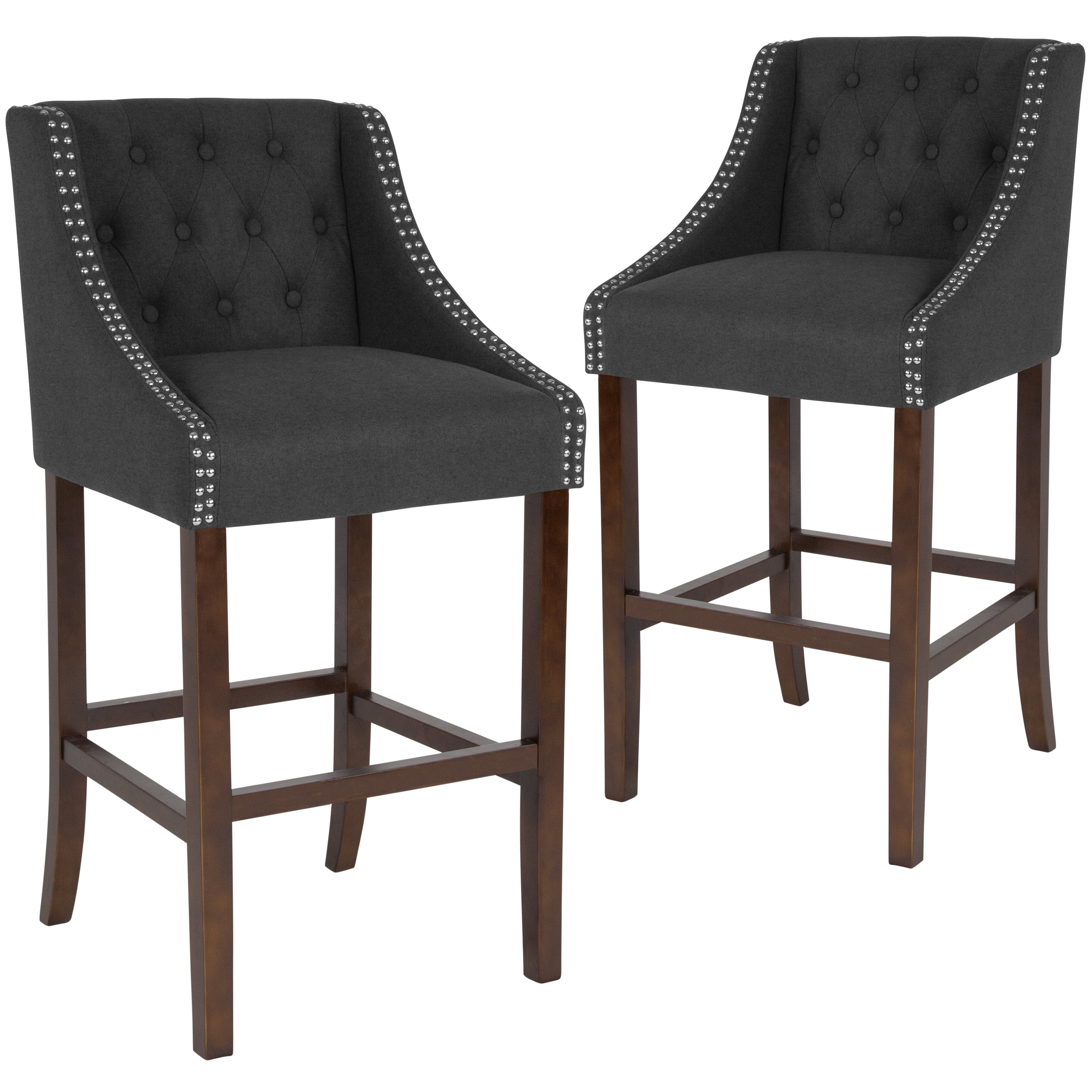 Charcoal Tufted 30" Wood Bar Stool with Nail Trim