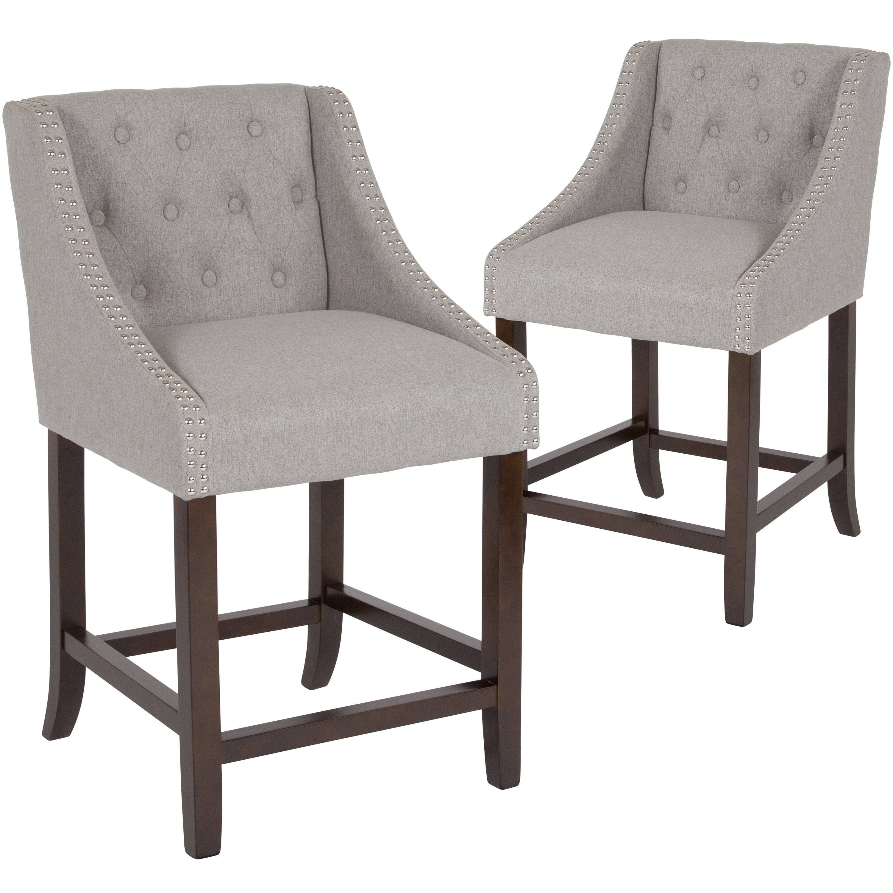 Light Gray Tufted Walnut Wood Counter Stools with Nail Trim, Set of 2