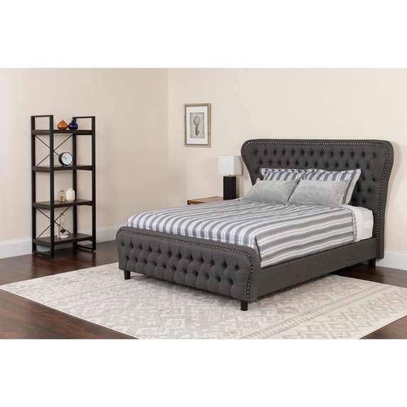 Flash Furniture Cartelana Tufted Upholstered King Size Platform Bed with in Dark Gray Fabric and Silver Accent Nail Trim with Pocket Spring Mattress