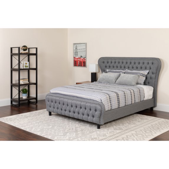 Flash Furniture Cartelana Tufted Upholstered King Size Platform Bed with in Light Gray Fabric and Silver Accent Nail Trim with Pocket Spring Mattress
