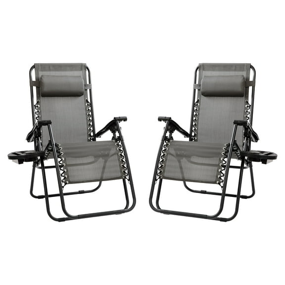 Flash Furniture Celestial Adjustable Folding Mesh Zero Gravity Reclining Lounge Chair with Pillow and Cup Holder Tray in Gray, Set of 2