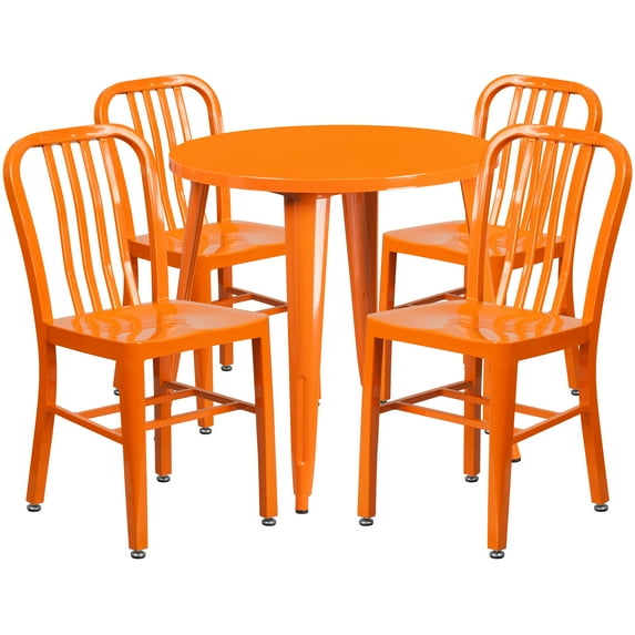 Flash Furniture Chad Commercial Grade 30" Round Orange Metal Indoor-Outdoor Table Set with 4 Vertical Slat Back Chairs