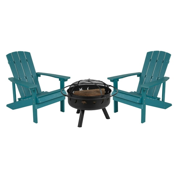 Flash Furniture Charlestown 3 Pcs Iron Wood Burning Fire Pit Set With Adirondack Chairs, Sea Foam