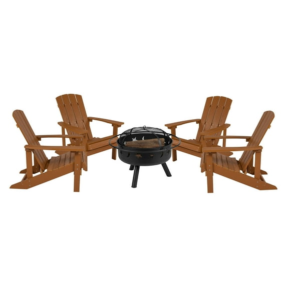 Flash Furniture Charlestown 5 Pcs Iron Wood Burning Fire Pit Set With Adirondack Chairs, Teak
